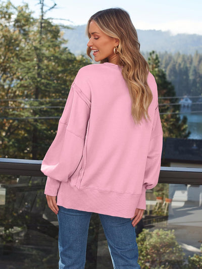 Explore More Collection - Slit Round Neck Long Sleeve Sweatshirt