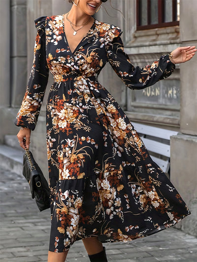 Explore More Collection - Ruffled Printed Surplice Long Sleeve Midi Dress