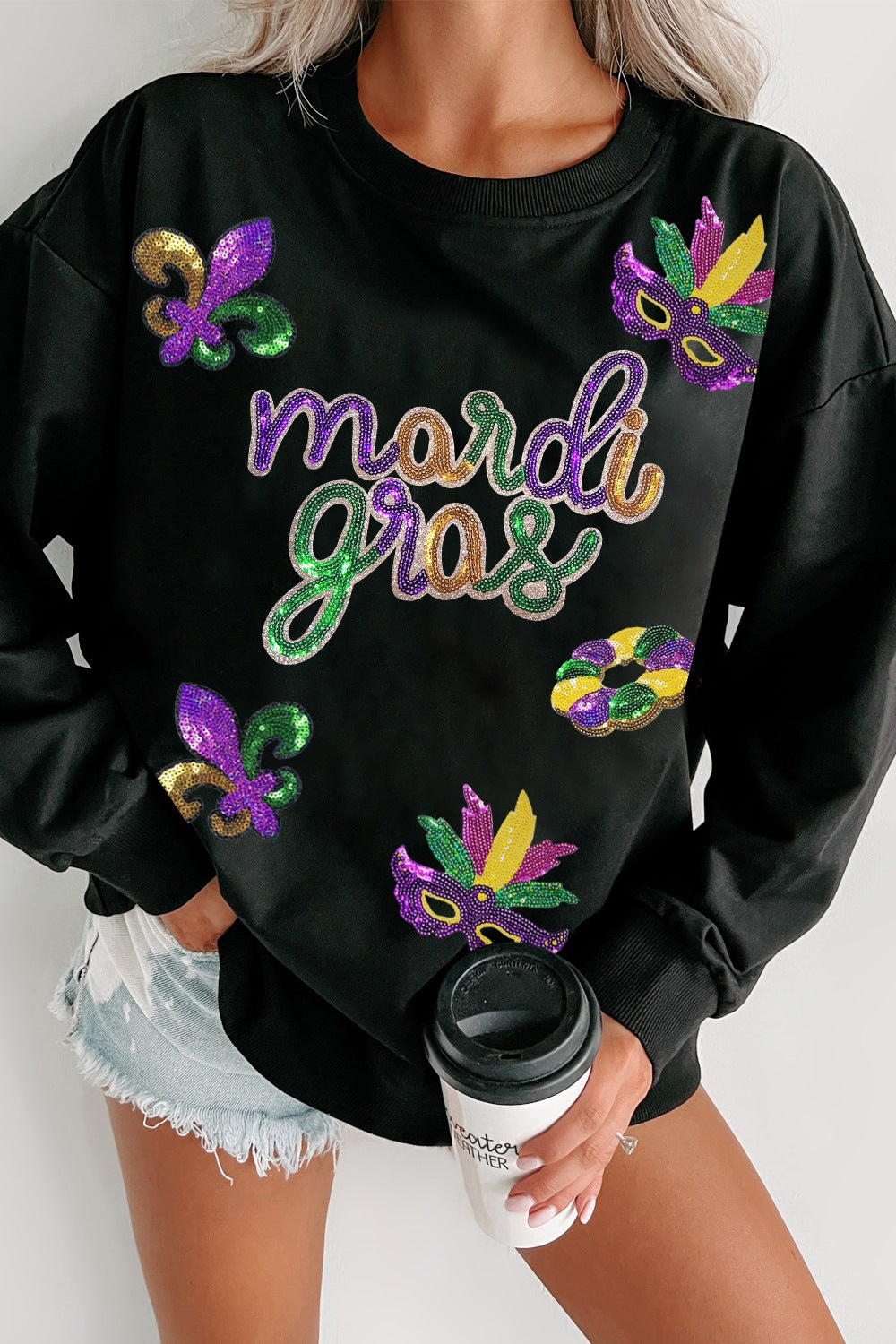 Explore More Collection - MARDI GRAS Sequin Round Neck Sweatshirt