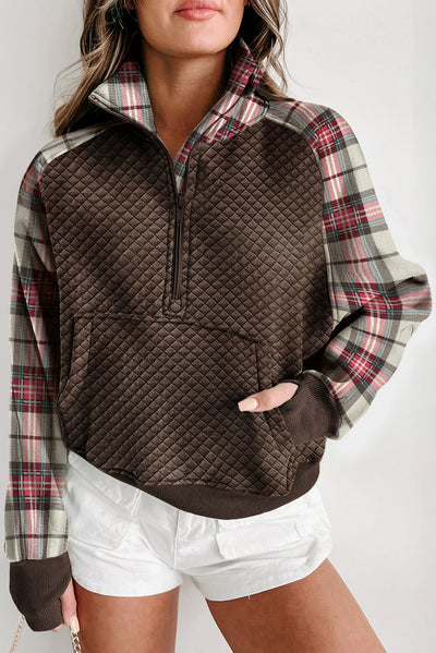 Explore More Collection - Plaid Half Zip Long Sleeve Sweatshirt