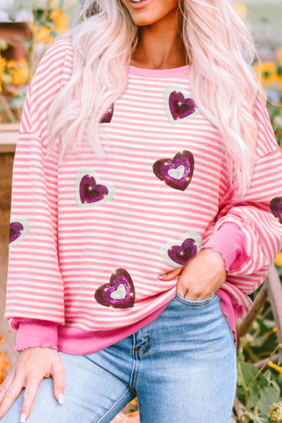 Explore More Collection - Valentine’s Day Sequin Heart Striped Round Neck Long Sleeve Sweatshirt