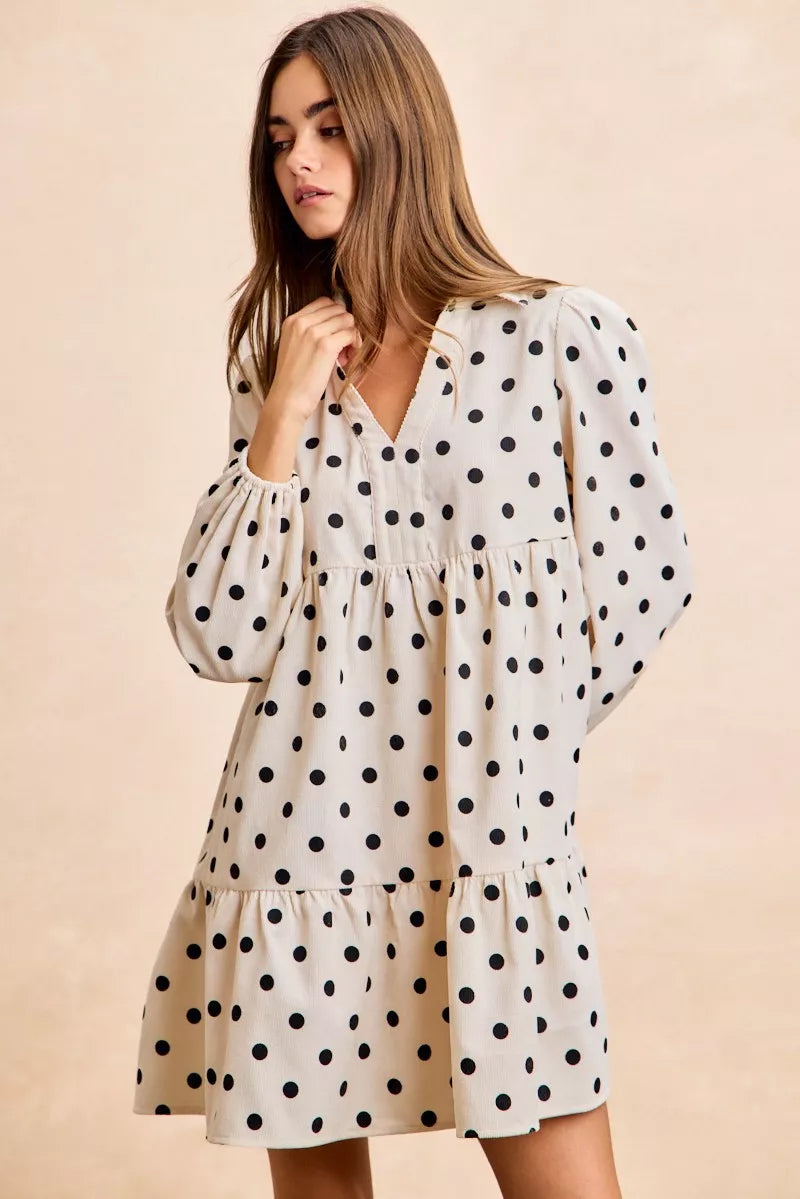 BiBi Polka Dot Corduroy Collared V Neck Dress
