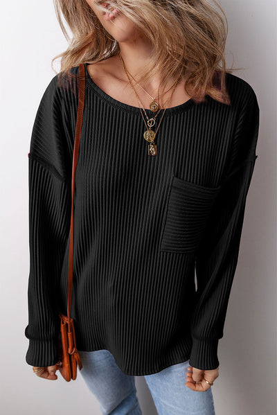 Explore More Collection - Pocketed Round Neck Long Sleeve Top