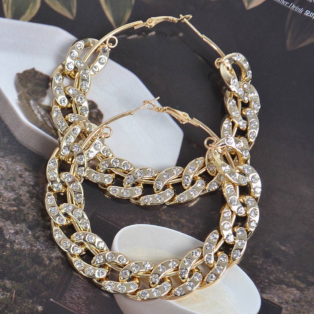 60mm Stoned Chain Hoop Earring: Gold