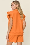 Explore More Collection - Double Take Full Size Texture Flounce Sleeve Top and Drawstring Shorts Set