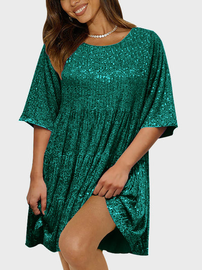 Explore More Collection - Full Size Sequin Round Neck Half Sleeve Mini Dress