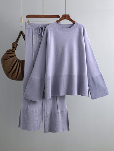 Explore More Collection - Basic Bae Slit Round Neck Long Sleeve Top and Drawstring Pants Sweater Set