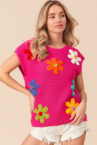 Explore More Collection - BiBi Flower Round Neck Cap Sleeve Knit Top