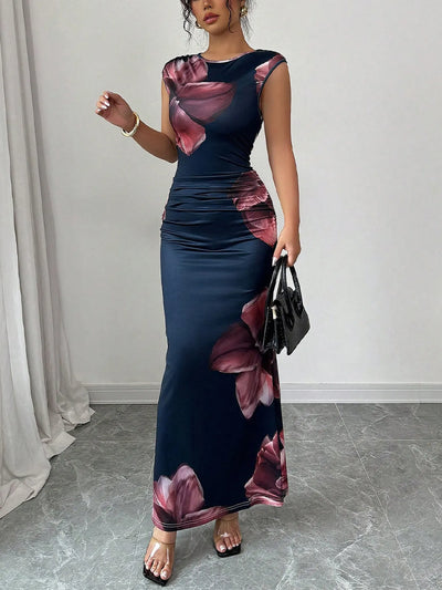 Explore More Collection - Floral Print Sleeveless Bodycon Maxi Dress Black / L Explore More Collection - Floral Print Sleeveless Bodycon Maxi Dress Black / L