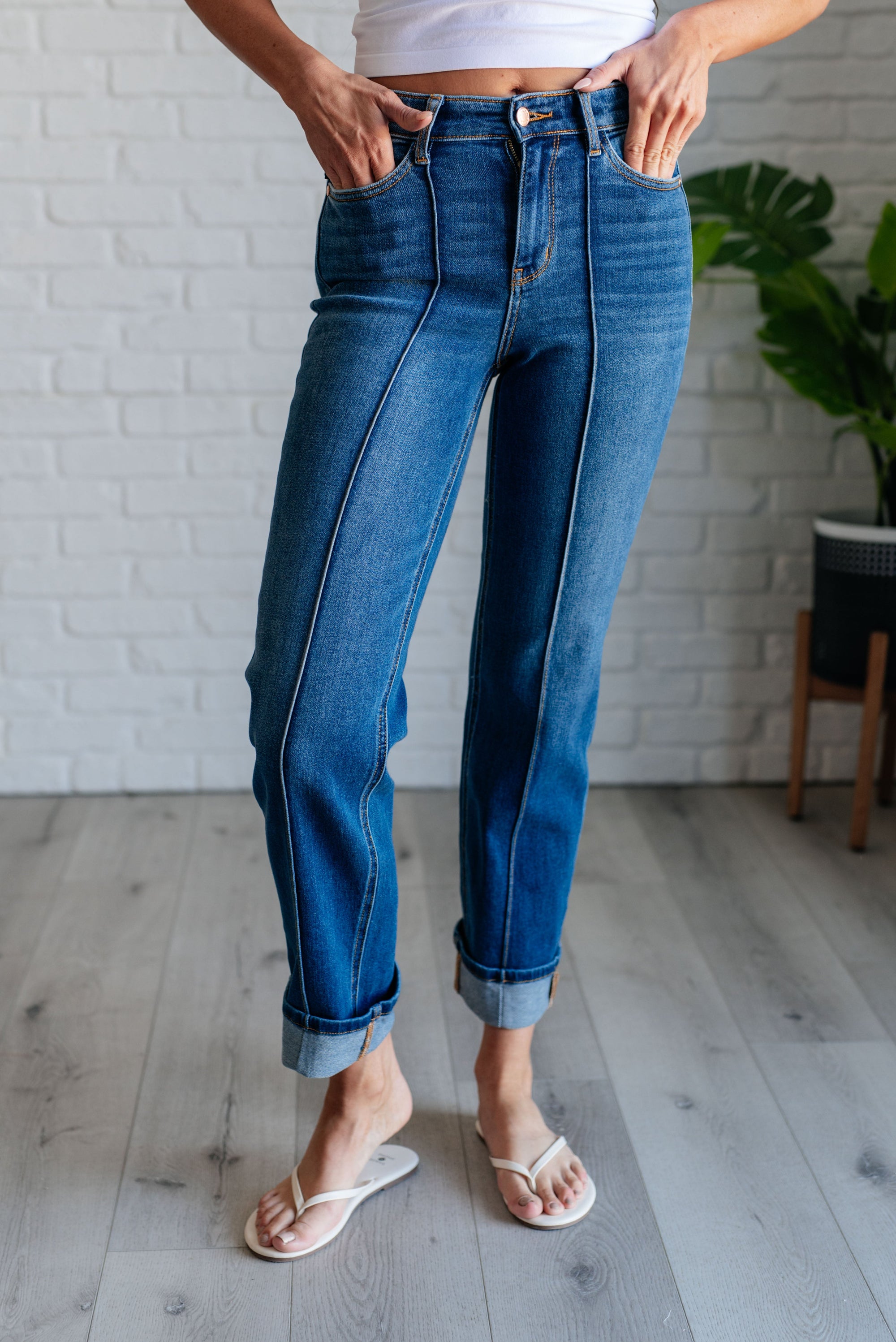 Explore More Collection - Campbell High Rise Center Seam Detail Straight Jeans