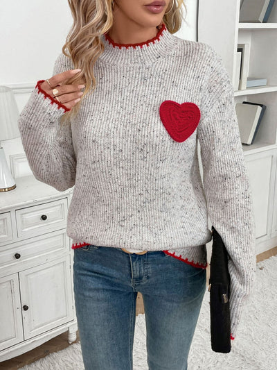 Explore More Collection - Contrast Heart Round Neck Long Sleeve Sweater