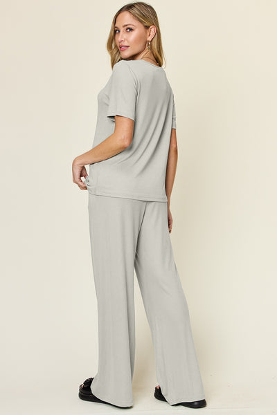 Explore More Collection - Double Take Full Size Round Neck Short Sleeve T-Shirt and Wide Leg Pants Set