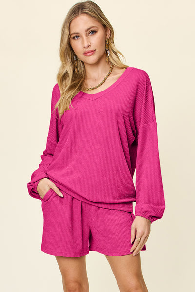 Explore More Collection - Double Take Full Size Texture V-Neck Long Sleeve T-Shirt and Shorts Set