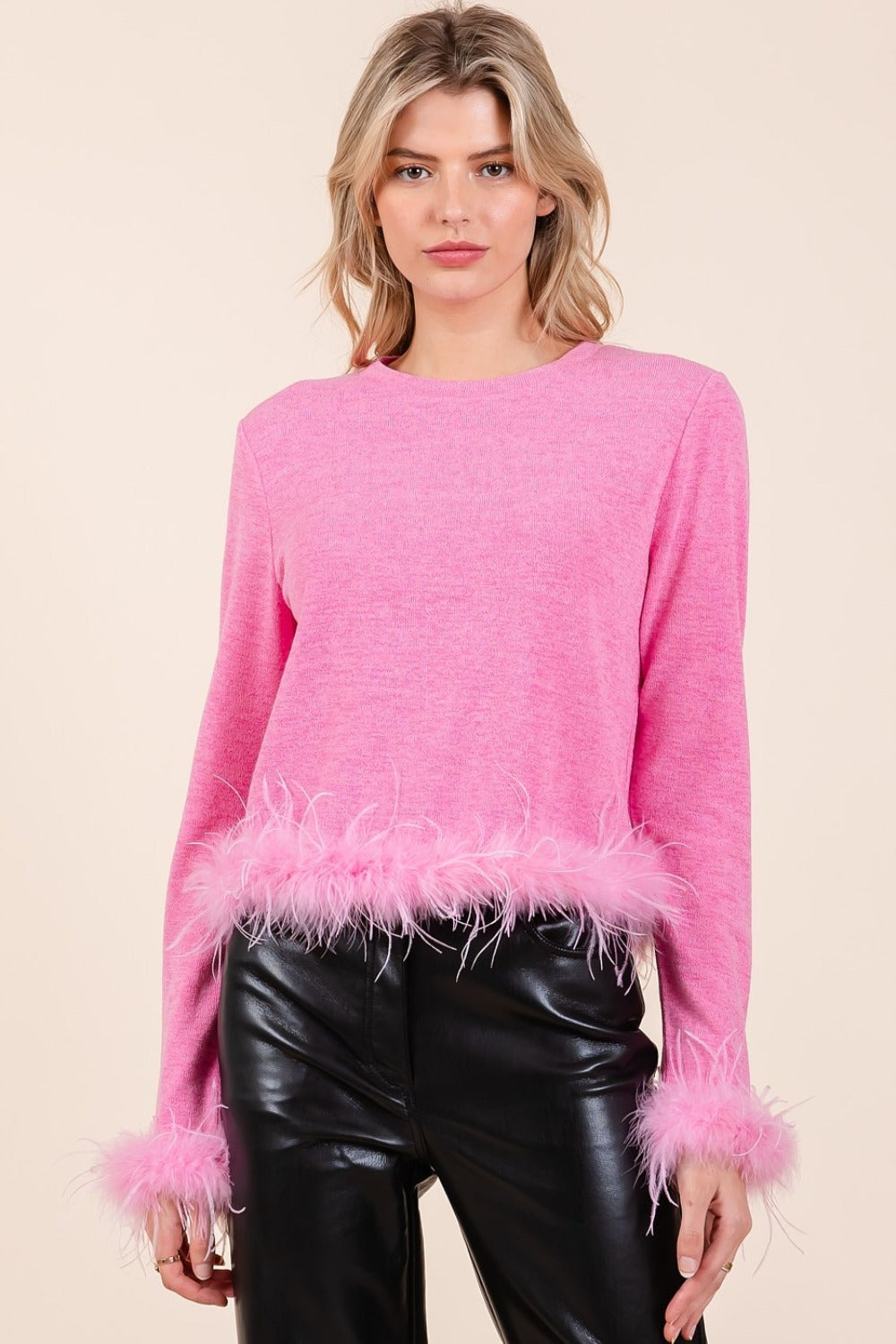 Explore More Collection - Mittoshop Feather Trim Long Sleeve Crop Hacci Knit Top