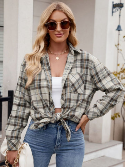 Explore More Collection - Pocketed Plaid Collared Neck Long Sleeve Shirt