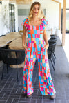 Explore More Collection - Scarlet & Aqua Geometric Print Wide Leg Jumpsuit