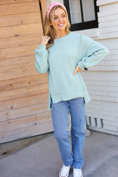 Explore More Collection - Back to Basics Sage Jacquard Cable Pullover Top