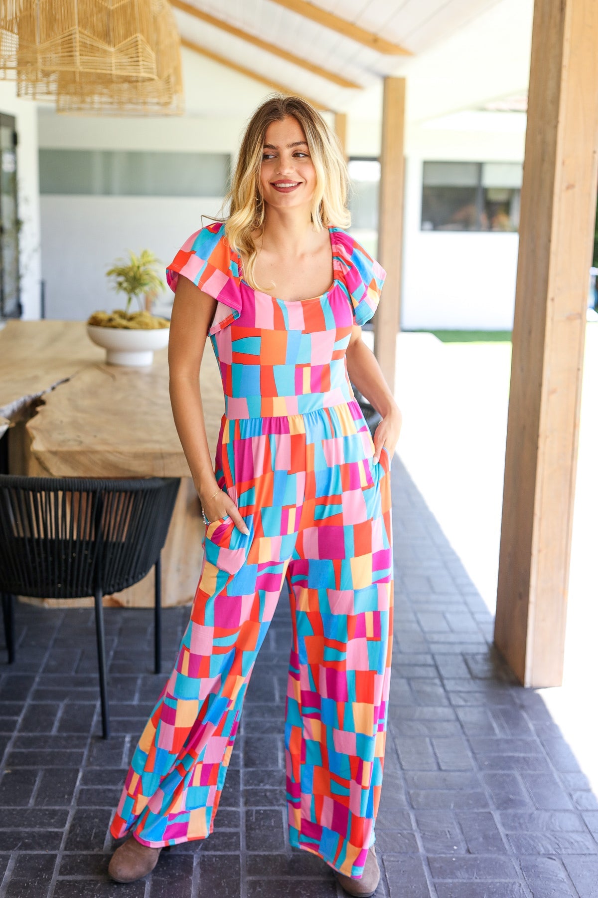 Explore More Collection - Scarlet & Aqua Geometric Print Wide Leg Jumpsuit