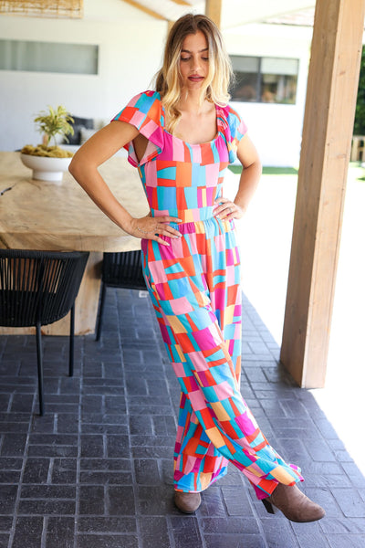 Explore More Collection - Scarlet & Aqua Geometric Print Wide Leg Jumpsuit