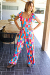 Explore More Collection - Scarlet & Aqua Geometric Print Wide Leg Jumpsuit