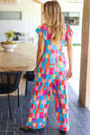 Explore More Collection - Scarlet & Aqua Geometric Print Wide Leg Jumpsuit