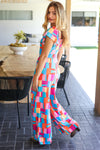 Explore More Collection - Scarlet & Aqua Geometric Print Wide Leg Jumpsuit