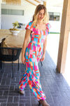 Explore More Collection - Scarlet & Aqua Geometric Print Wide Leg Jumpsuit