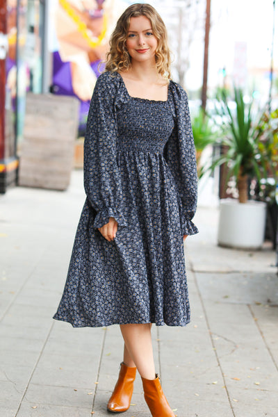 Explore More Collection - Keep You Close Black Smocking Ditsy Floral Woven Dress