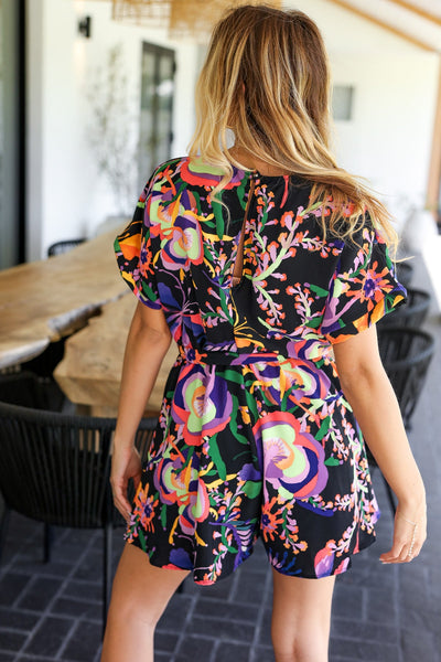 Explore More Collection - Live For Today Black Floral Surplice Woven Romper