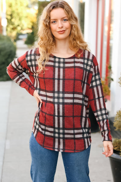 Explore More Collection - Perfectly You Red Plaid Boat Neck Long Sleeve Top