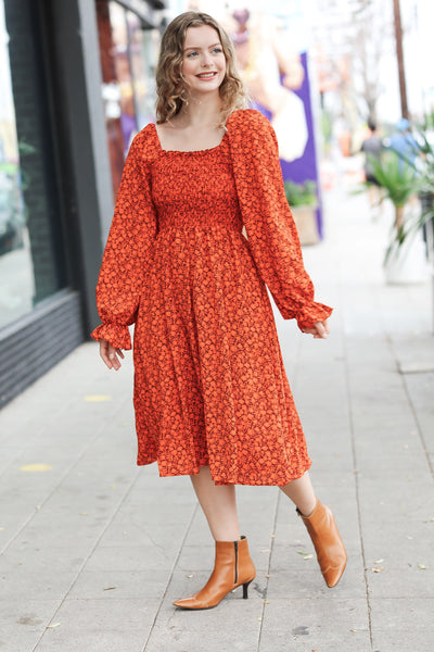 Explore More Collection - Keep You Close Rust Smocking Ditsy Floral Woven Dress