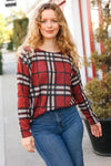 Explore More Collection - Perfectly You Red Plaid Boat Neck Long Sleeve Top