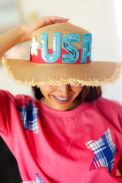 Explore More Collection - USA Sequin Frayed Edge Straw Hat