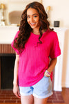 Explore More Collection - Be Your Best Fuchsia Cable Knit Dolman Short Sleeve Sweater Top