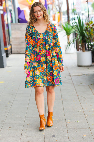 Explore More Collection - All About It Teal Vibrant Floral Pocketed Dress
