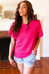 Explore More Collection - Be Your Best Fuchsia Cable Knit Dolman Short Sleeve Sweater Top