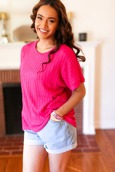 Explore More Collection - Be Your Best Fuchsia Cable Knit Dolman Short Sleeve Sweater Top