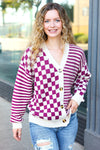 Explore More Collection - Cozy Days Magenta Checkered & Striped Button-Down Cardigan