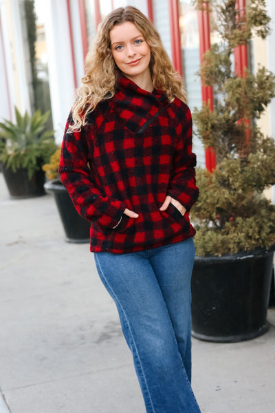 Explore More Collection - So Cozy Red Sherpa Plaid Asymmetrical Zip Sweater Top