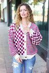 Explore More Collection - Cozy Days Magenta Checkered & Striped Button-Down Cardigan