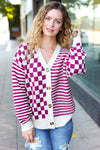 Explore More Collection - Cozy Days Magenta Checkered & Striped Button-Down Cardigan