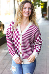 Explore More Collection - Cozy Days Magenta Checkered & Striped Button-Down Cardigan