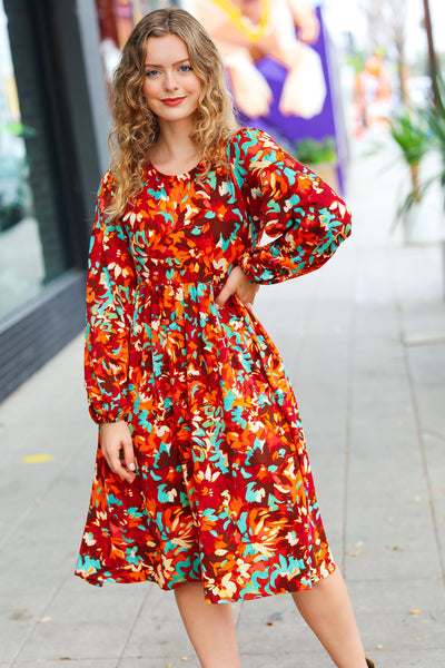Explore More Collection - Date Night Ready Burgundy Rust/Jade Floral Print Midi Dress