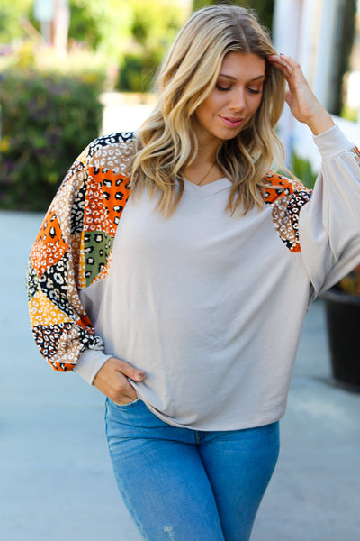 Explore More Collection - Taupe Animal Patchwork Print Dolman V Neck Top