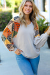 Explore More Collection - Taupe Animal Patchwork Print Dolman V Neck Top
