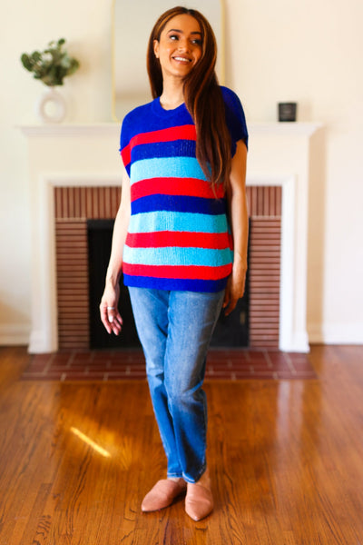 Explore More Collection - Forget Me Not Royal Blue Stripe Short Sleeve Dolman Sweater