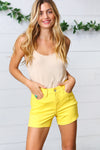 Explore More Collection - Yellow Denim Button Enclosure Mid Rise Shorts