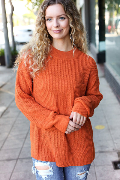 Explore More Collection - Pumpkin Spice Mock Neck Chest Pocket Knit Sweater