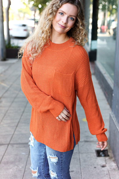 Explore More Collection - Pumpkin Spice Mock Neck Chest Pocket Knit Sweater