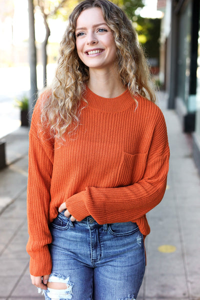 Explore More Collection - Pumpkin Spice Mock Neck Chest Pocket Knit Sweater